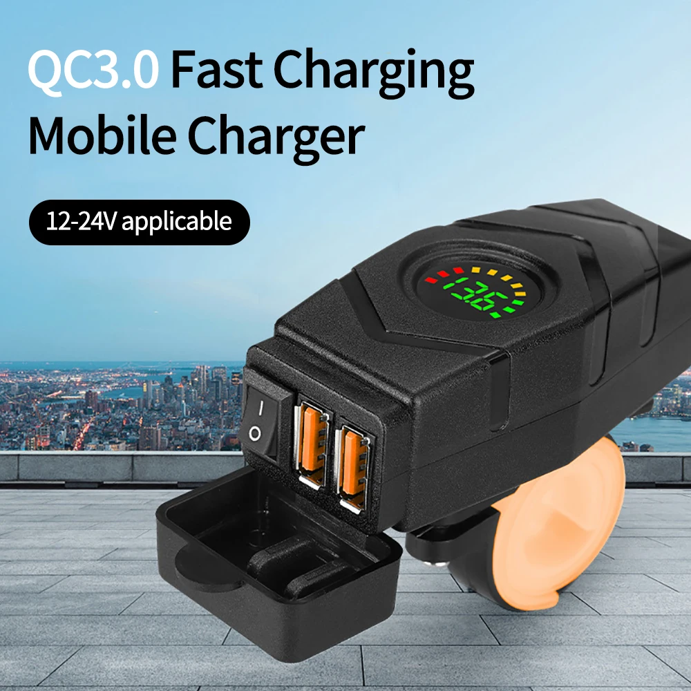 36W Dual USB QC3.0 Fast Charger 12-24V Motorcycle USB Port Power Charging Socket Adapter with Colorful Digital Voltmeter 1 xcar charger dual usb port splitter 12v 24v socket power cigarette lighter digital display voltmeter fast charging accessories