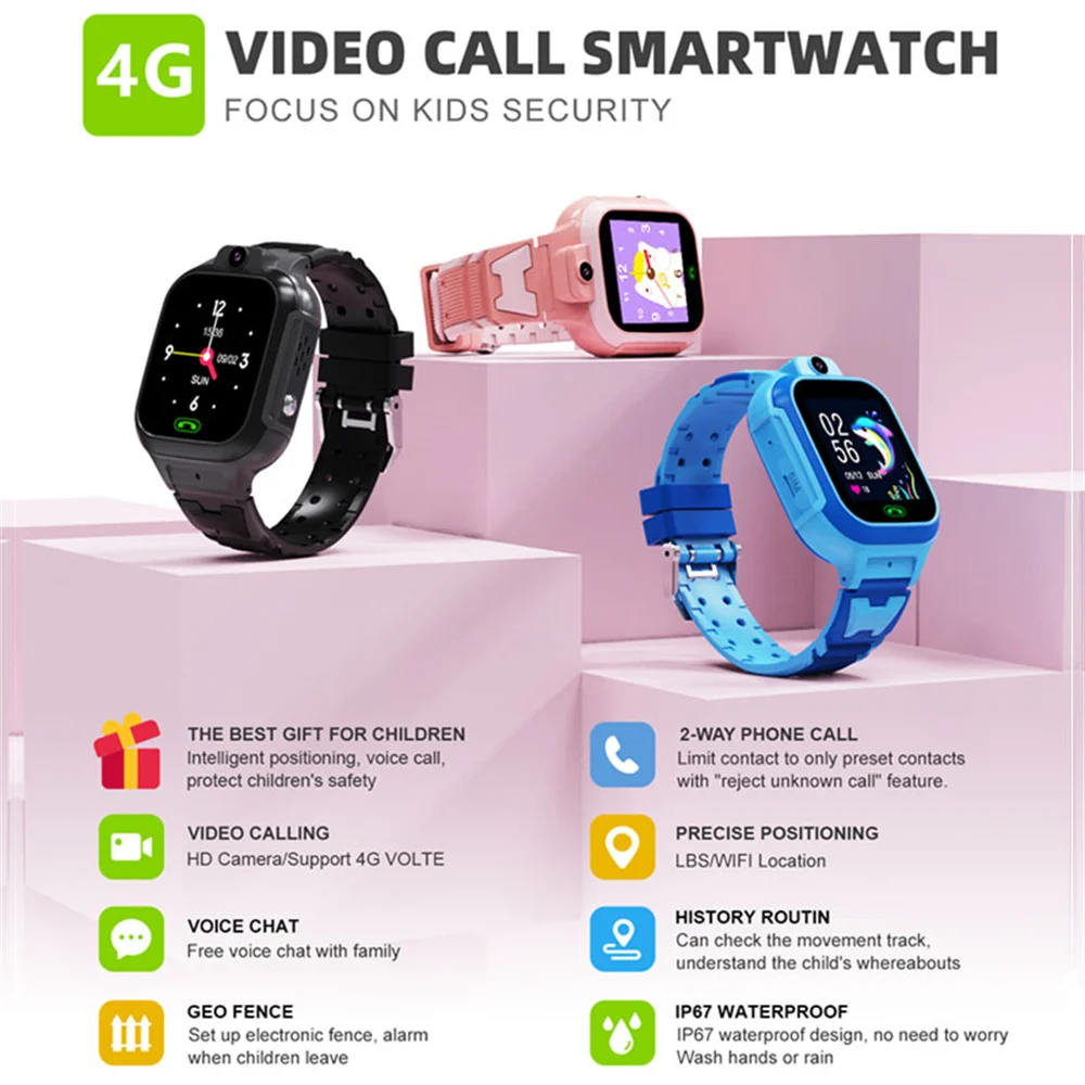 Reloj inteligente con tarjeta SIM 4G para ninos rastreador WIFI Chat de voz Monitor de videollamada relojes inteligentes de silicona para ninos y