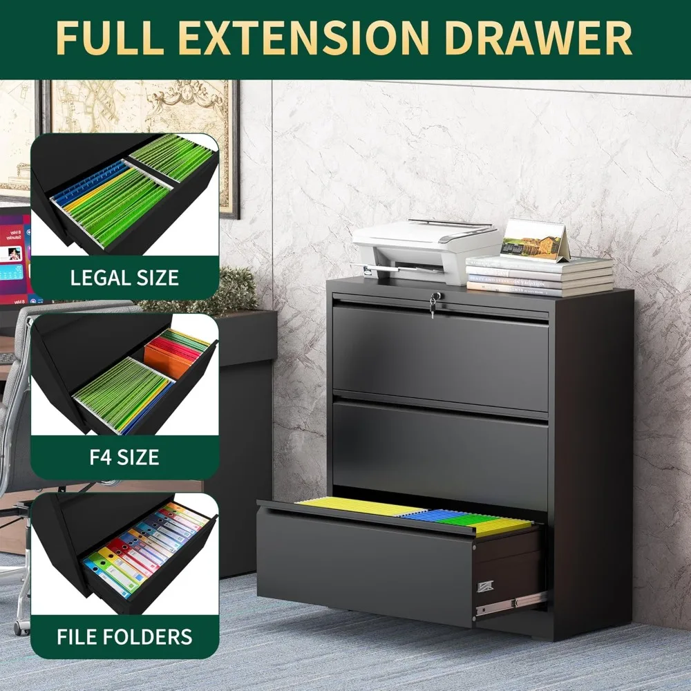 3 drawer lateral file cabinet with lock, metal file cabinets for home office, steel heavy-duty filing storage cabinet for letter