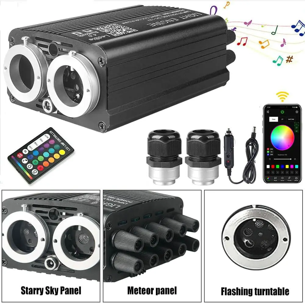 Dual ports RGBW 12V Car Ceiling Fiber Optic Led Source Starry Star DIY Shooting Meteor light App + Sound Remote control Starlight