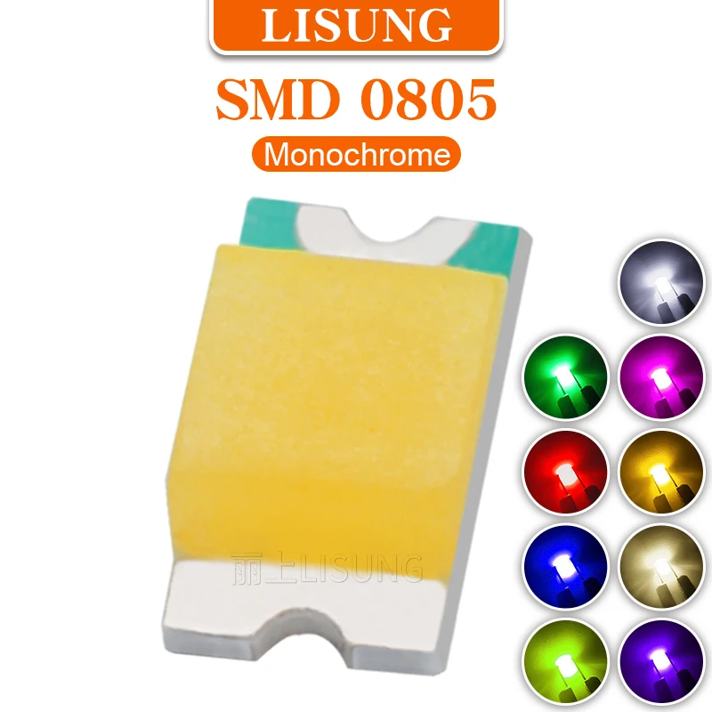 

100 шт./упаковка, светодиоды SMD 0805, красный, желтый, зеленый, теплый белый, синий, оранжевый