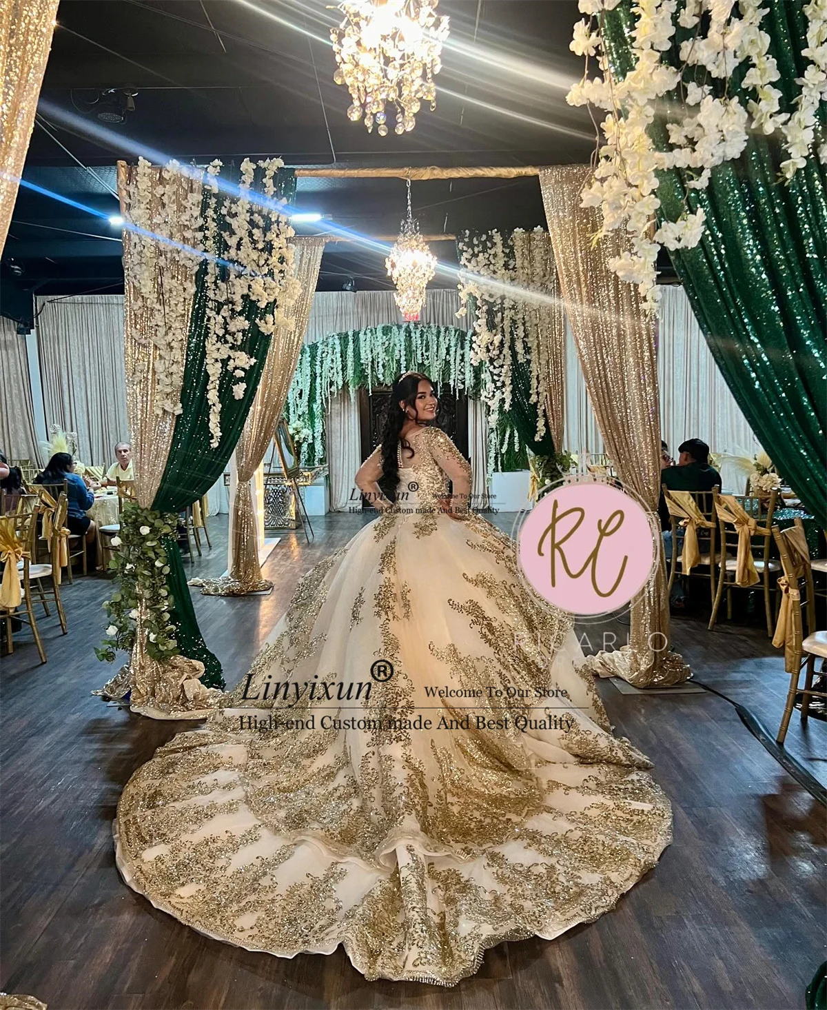 

Мексиканское платье Шампань, бальное платье, Золотое кружевное платье с аппликацией из бисера, милое платье 16 с длинным рукавом, платья 15 XV лет