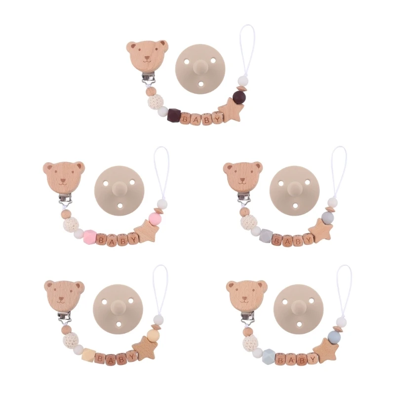 

2Pcs/lot Wood Pacifier Clip Safe Dummy Nipple Holder Leash Chewable Teething Chain Baby Teether with Silicone Pacifier