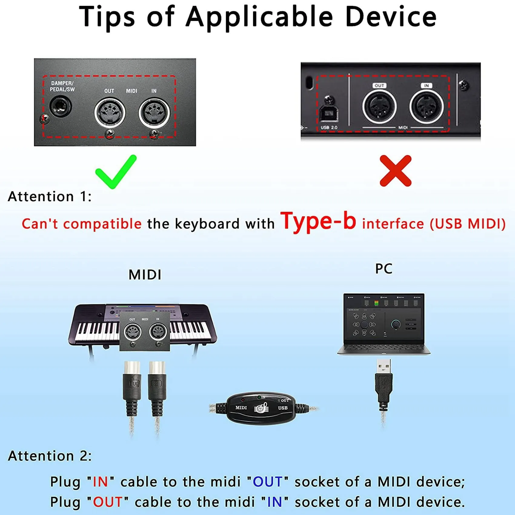 USB MIDI 케이블 어댑터, USB A 타입 수-MIDI Din 5 핀 입력-출력 케이블 인터페이스, 음악 키보드용 LED 표시기 포함