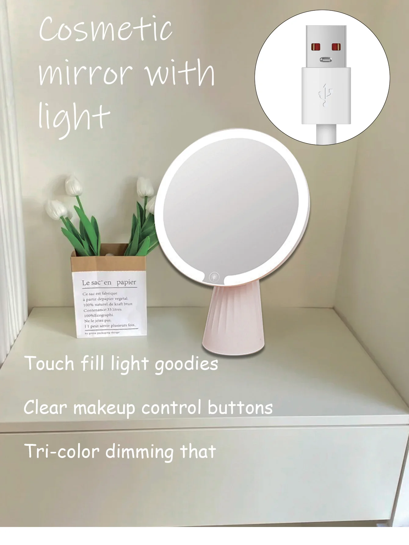 LED 3 Colours Adjustable Brightness Touch Screen Makeup Mirror, Portable Smart Mini Makeup Mirror, Travel Home Dual Use