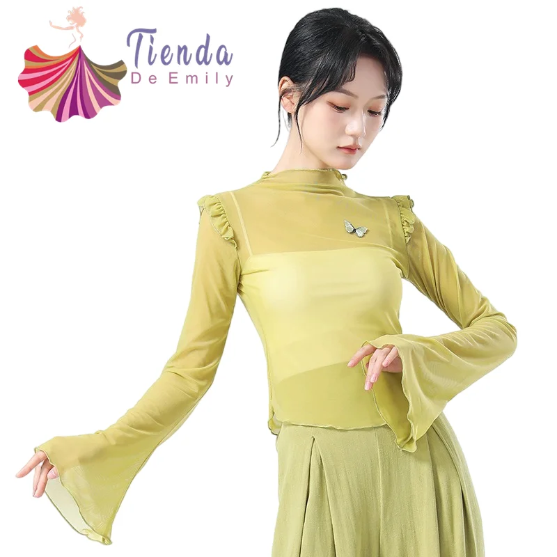 

Sexy Gauze Shirt Women Classical Chinese Folk National Dance Top Transparent Tulle Shirt Long Sleeve Elegant Butterfly Body New
