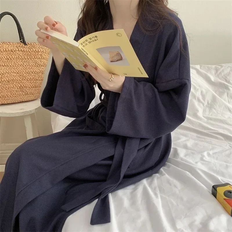 Solid Color Robe Pajamas Women's Spring and Fall New Fashion Simple Loose Sleepwear Bathrobe Nightgown Leisure Home Wear New