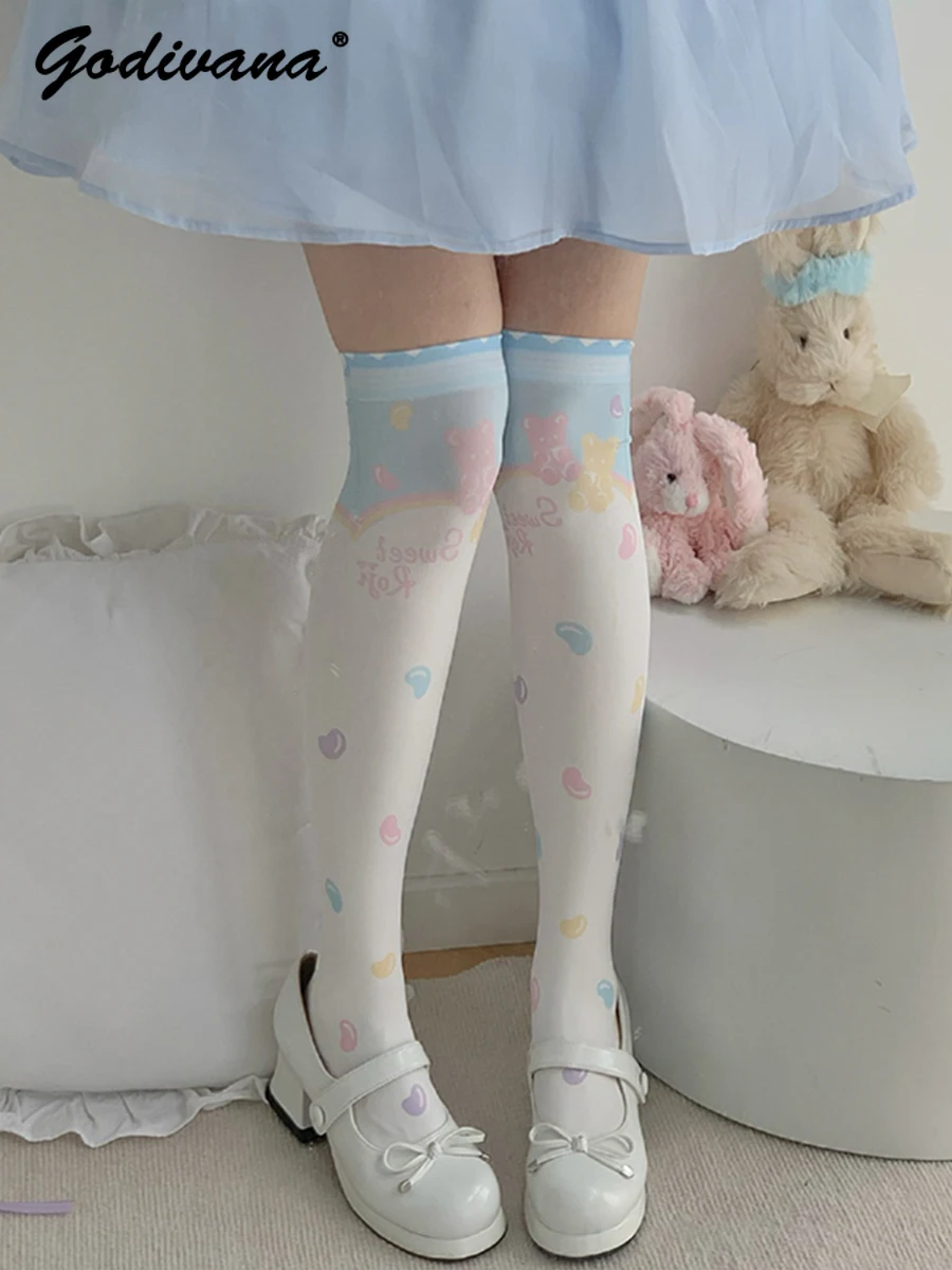 Lolita Long Socks for Women Spring Summer Tube Socks Velvet Print Above Knee Socks Lolita Japanese Sweet Stockings