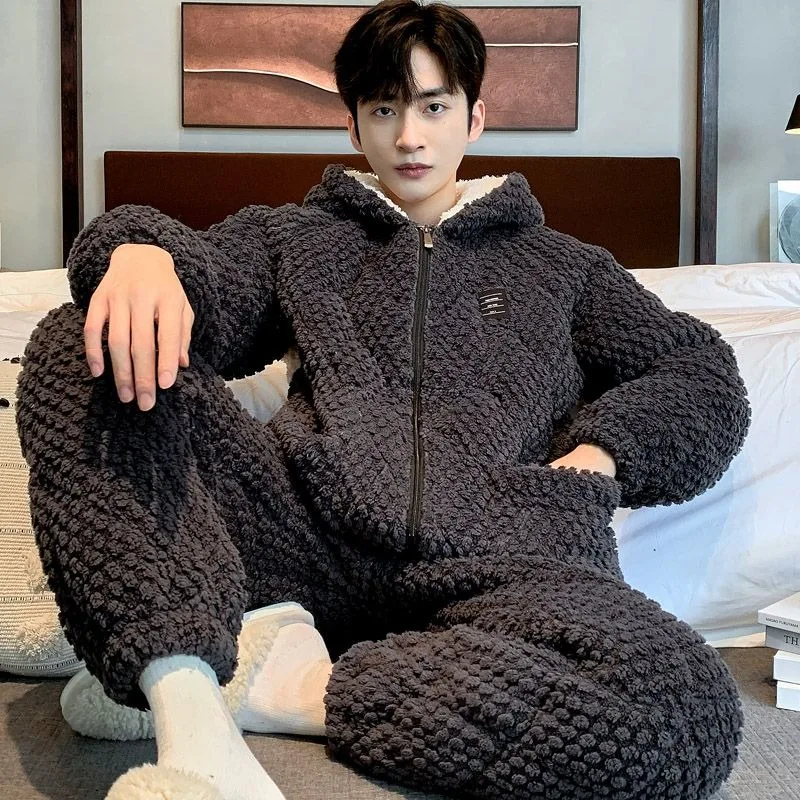 Pajamas Men\'s Winter Three-layer Thickened Male Pijamas Coral Velvet Padded Warm Flannel Loungewear Set Boys Autumn Sleepwear