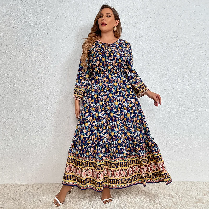 

European and American Plus-size Women's Clothing 2023 Temperament Commuter Cotton Linen Positioning Floral Dress Woman