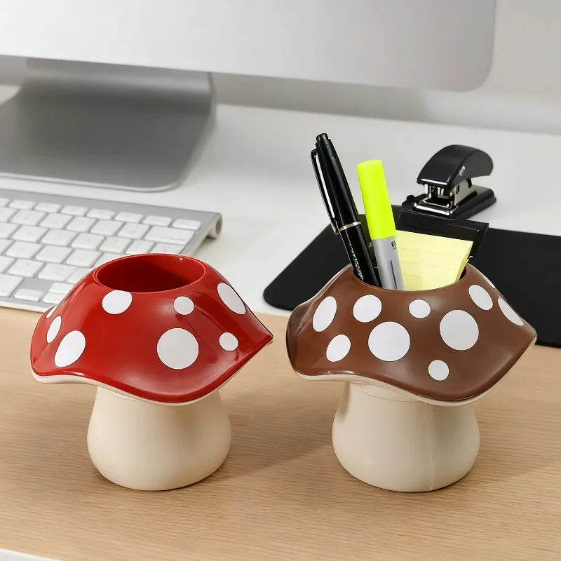 Plastic Red Brown Mushroom Storage Box Makeup Brush Holder