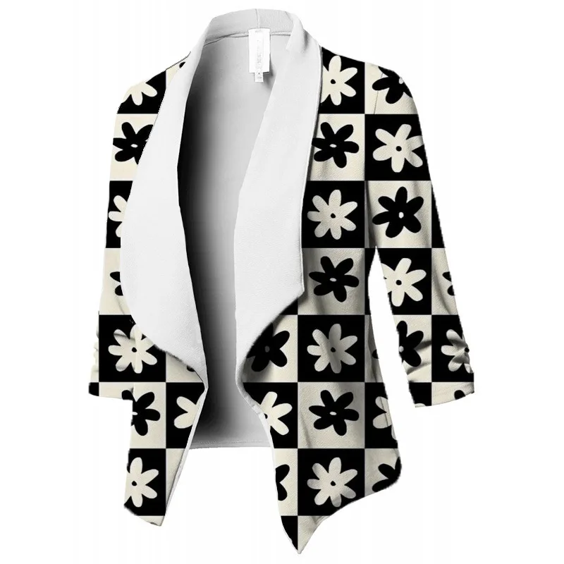 Women Casual Print Cardigan Ruched Asymmetrical Jacket Coat Slim Polyester Spandex Women's Blazers Office Commuter Suit Coat