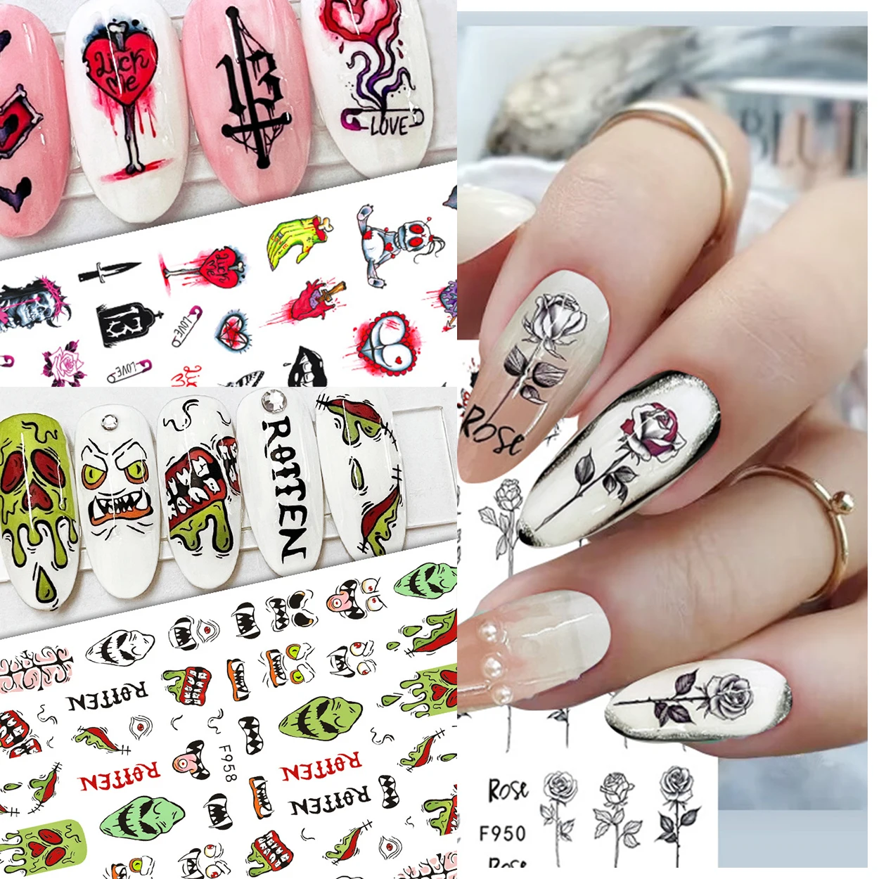 

10PCS Funky Halloween Series Nail Stickers Pumpkin Head Ghost Horror Figure Nail Decoration Decal 3D Self-adhesive Nail Slider