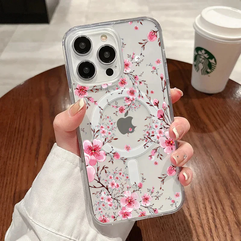 ตัวเลือกสินค้า เคสซิลิโคนใสลายดอกพีช นุ่มกันกระแทก สำหรับ iPhone 15/14/13/12 Pro Max
