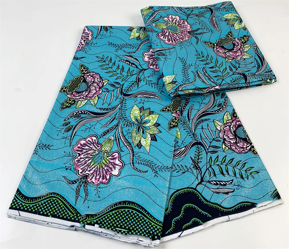 

New Grand African Wax Glitter Glam Fabric Cotton Ankara Batik Material Good Quality Pagne Blue Color For Sewing Wedding Dress