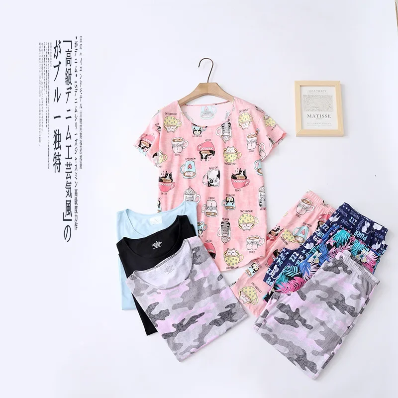 

Укороченные брюки с летними топами для сна, пижамный комплект, женская летняя тонкая Домашняя одежда с коротким рукавом, Женский комплект нижнего белья