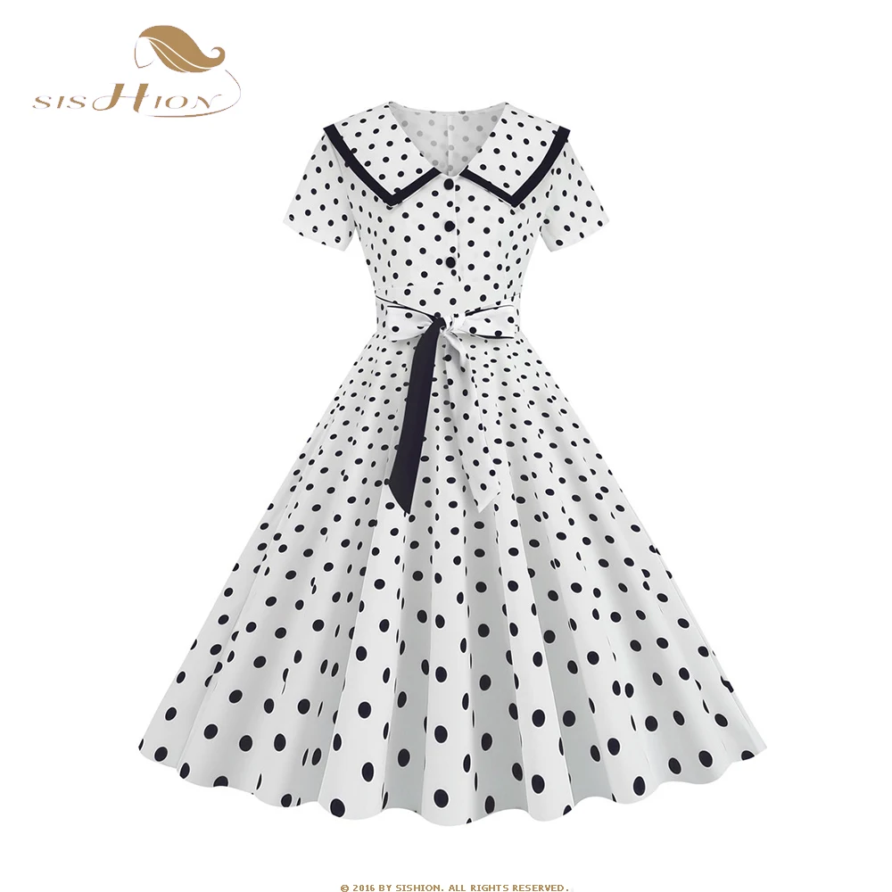 

2023 Summer Women Retro Turn Down Collar Black Red Blue Polka Dot Midi Dress With Belt Vintage Casual A Line Swing Dress SR250