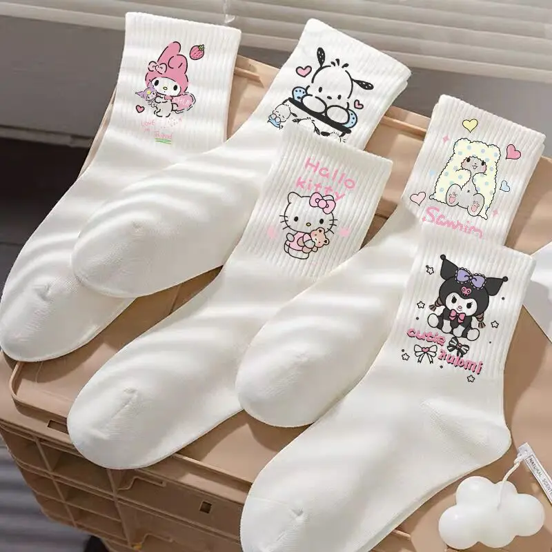 Sanrio-헬로키티 마이 멜로디 쿠로미 파차코 화이트 스타킹, 귀여운 튜브 스타킹 여성 패션, 6 켤레