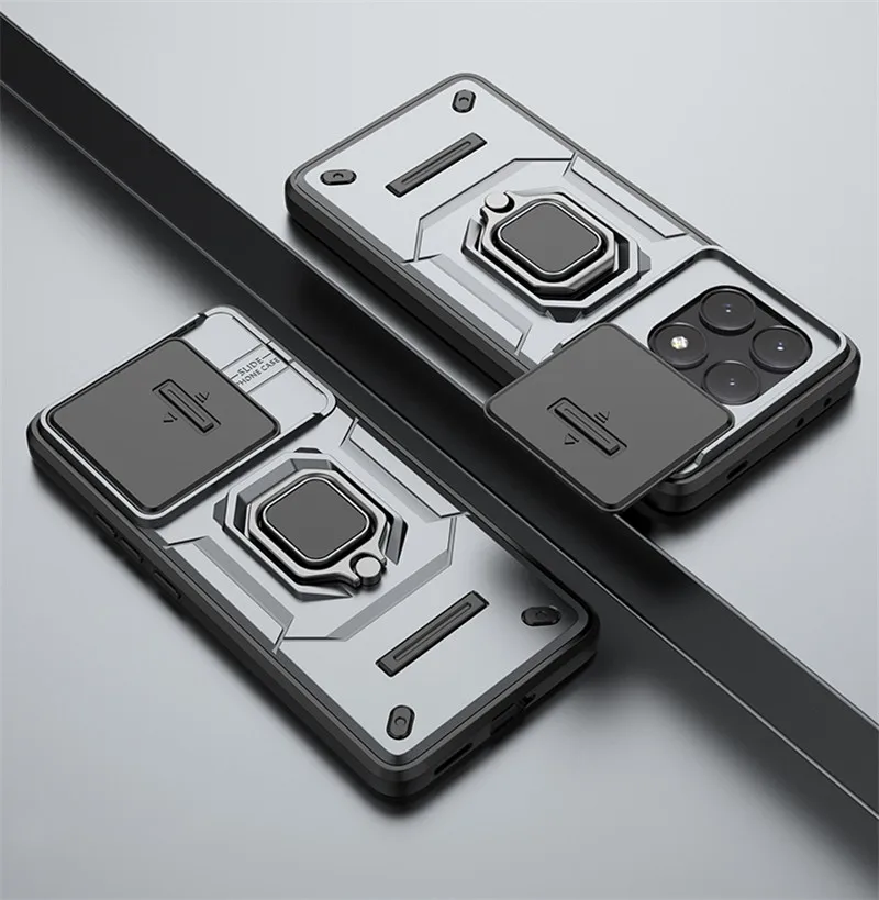 Premium Armor Shockproof Magnetic Bumper with Sliding Lens Protector and Holder for 6.67 inch Smartphones