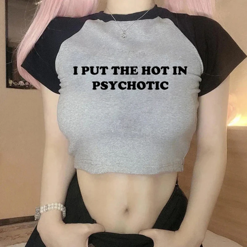 Women Vintage T Shirt I Put the Hot in Psychotic Letter Graphic Y2k Crop Tops Cute Baby Tee 2000s E-Girl Streetwear Summer Tee 6