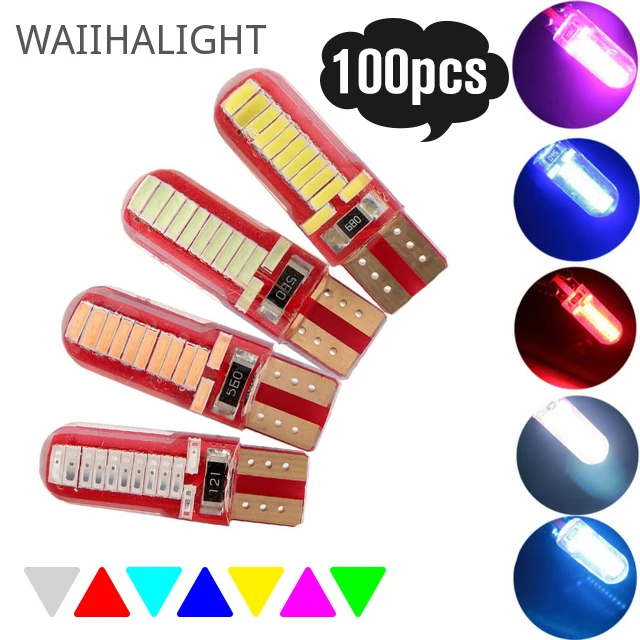

100 шт., белые, голубые, красные светодиодные лампы T10 194 W5w LED 4014 24 SMD, кремниевые Супер яркие лампы, 12 В постоянного тока, внутреннее освещение s