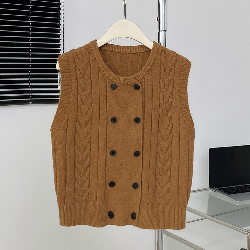 

2023 Autumn Casual O-Neck Twists Sweater Vest Women Fashion Sleeveless Solid Cardigan Elegant Double Breasted Knitted Tops 29054