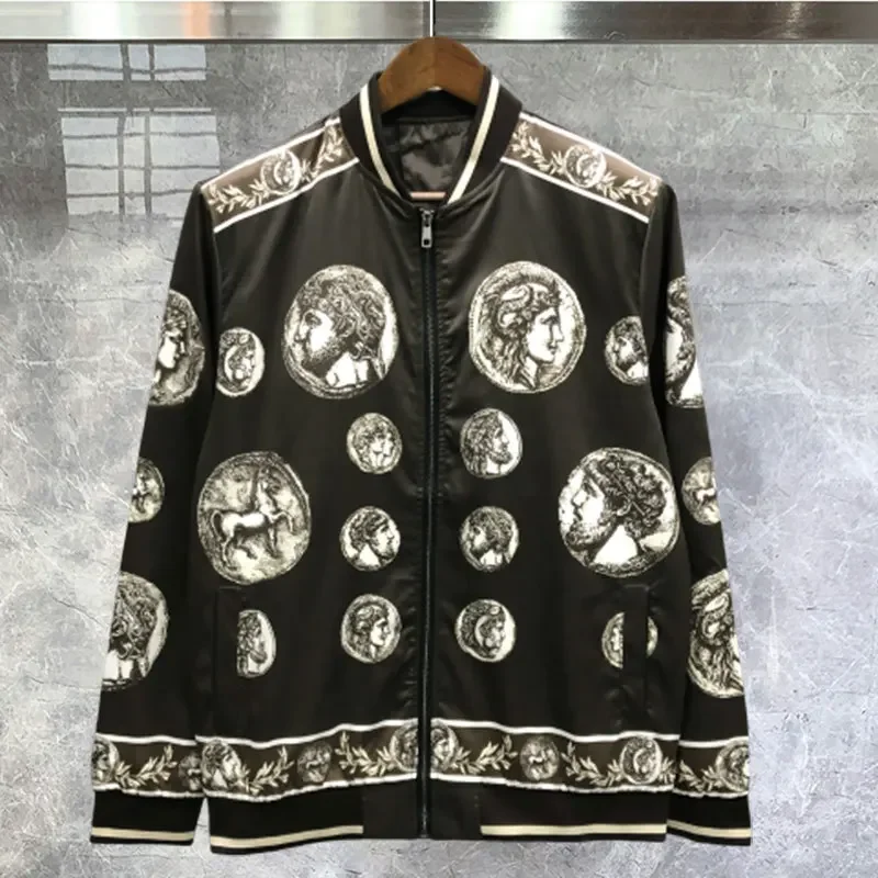 

High Quality Men Zipper Baseball Jacket Branded Vintage Portrait Print Graphic Jacket High Street Manteau Homme Hiver Black Coat