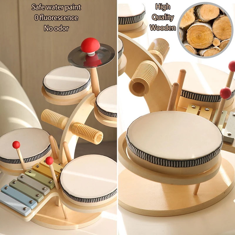 Wooden Baby Drum Set Musical Instrument Percussion Toys 8-tone Xylophone Piano Parish Learning Preschool Rhythm Educational Toy 5