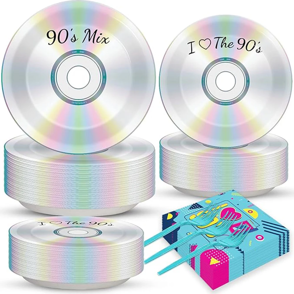Retro 90er-Jahre-Partydekorationen, Teller, Servietten, CD-Druckplatte, hängende Disco-Kugel-Ornamente für 90er-Jahre-Themenparty-Dekoration, Gastgeschenke, Zubehör – Detail 3