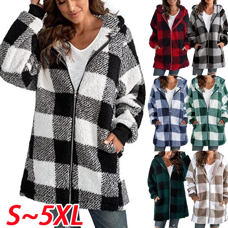 Women's patch winter outdoor faux fur zipper plaid parka plus size sewn plaid jacket hooded warm plush loose jacket