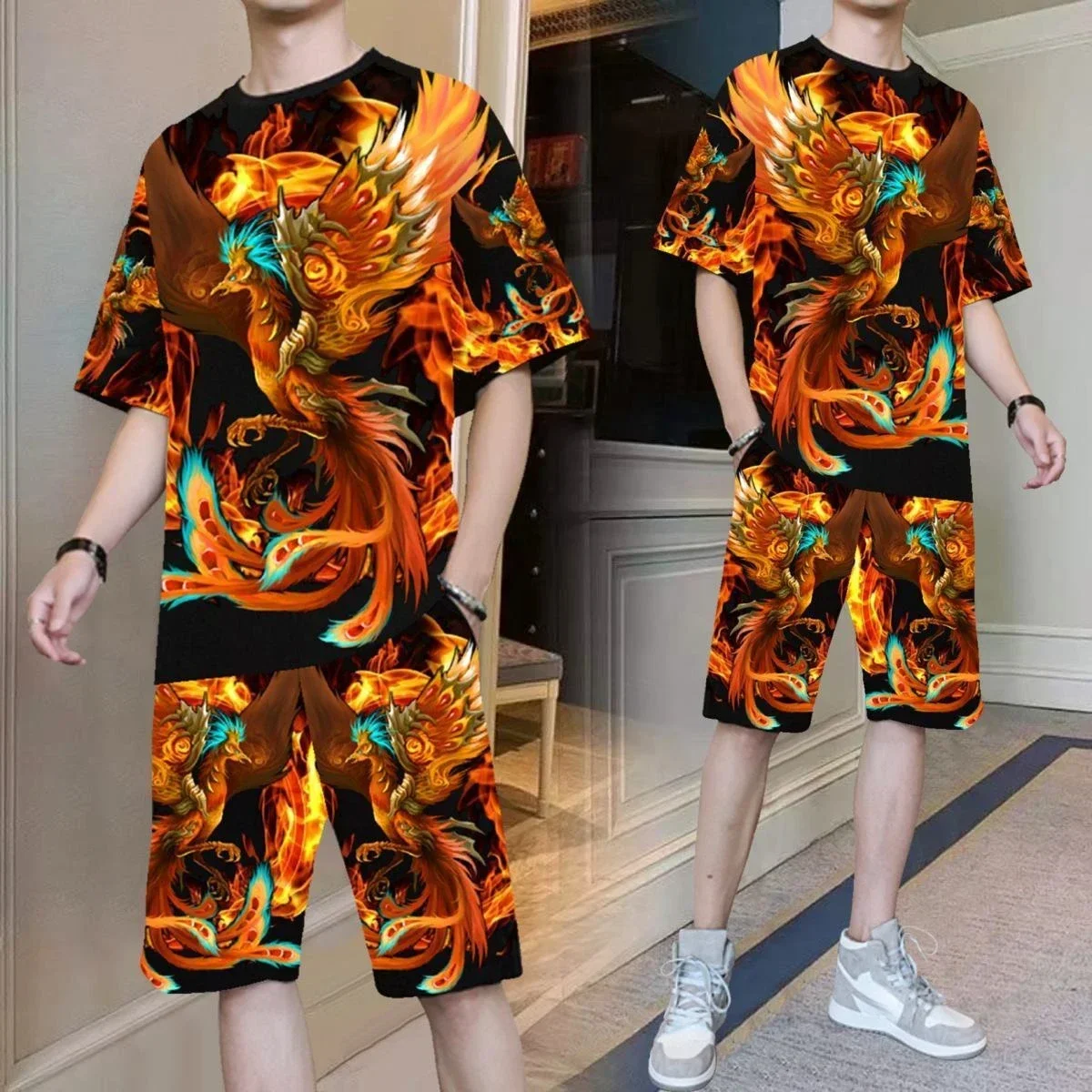 thumbnail image 1 of Conjuntos para hombre con alfabeto liso negro novedad tendencia 2024 camisetas pantalones cortos trajes para hombres ropa estilo coreano poliéster camiseta elástica, 1 of 5