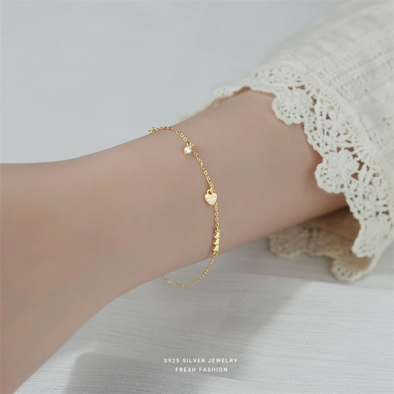 

925 Sterling Silver Korean Zircon Heart Charm Bracelet For Women Fashion Simple Birthday Wedding Party Jewelry Accessories