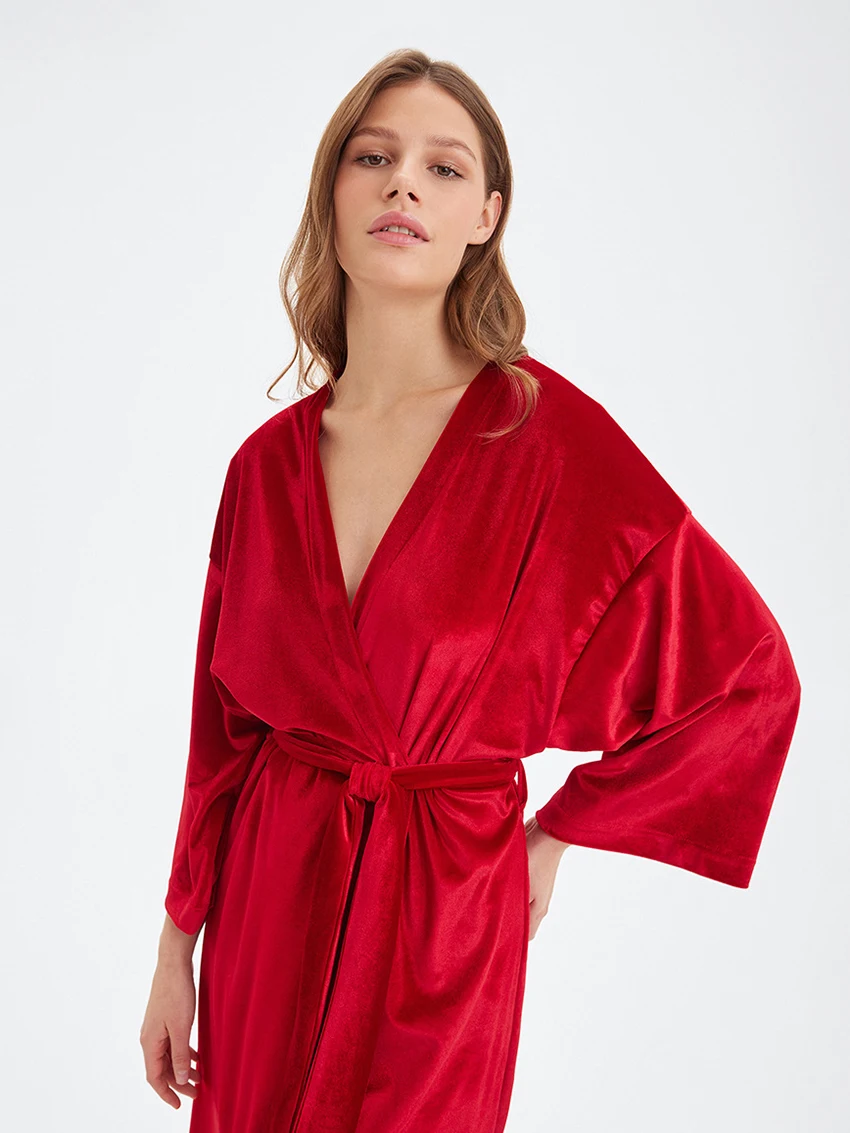 Marthaqiqi 2024 Winter Women'S Robe Long Sleeve Sleepwear Lace Up Pajamas Sexy V-Neck Bathrobe New Year Red Ladies Nightgowns