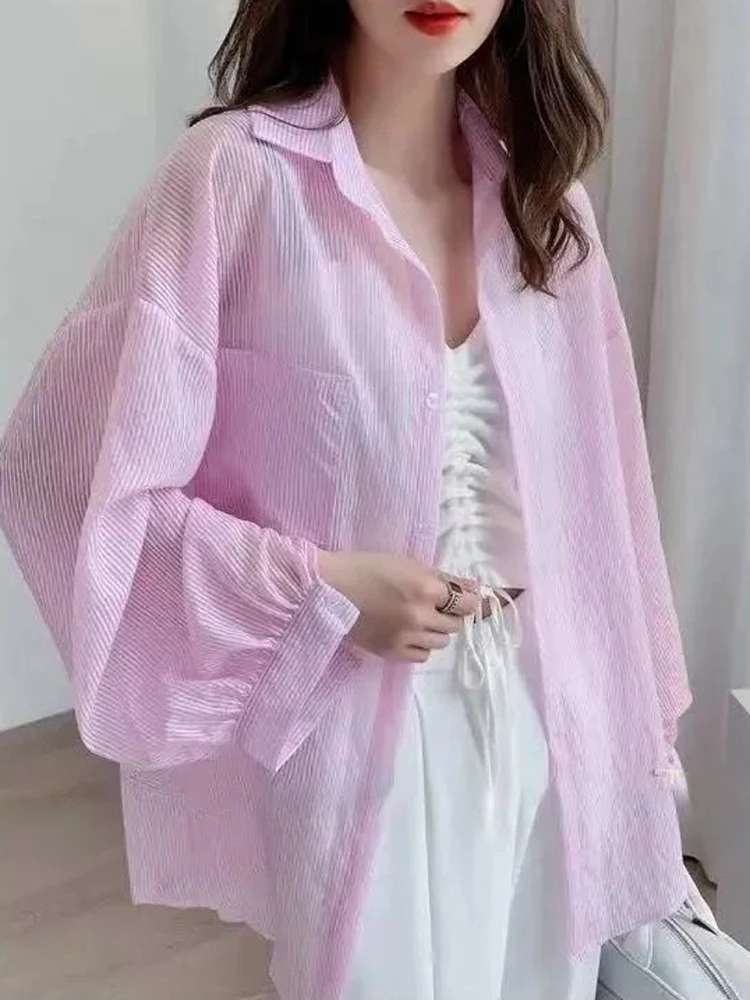 Jmprs 한국 섹시한 여성 투명한 줄무늬 셔츠 특대 느슨한 긴 소매 한국 태양 증거 블라우스 패션 포켓 스위트 탑스