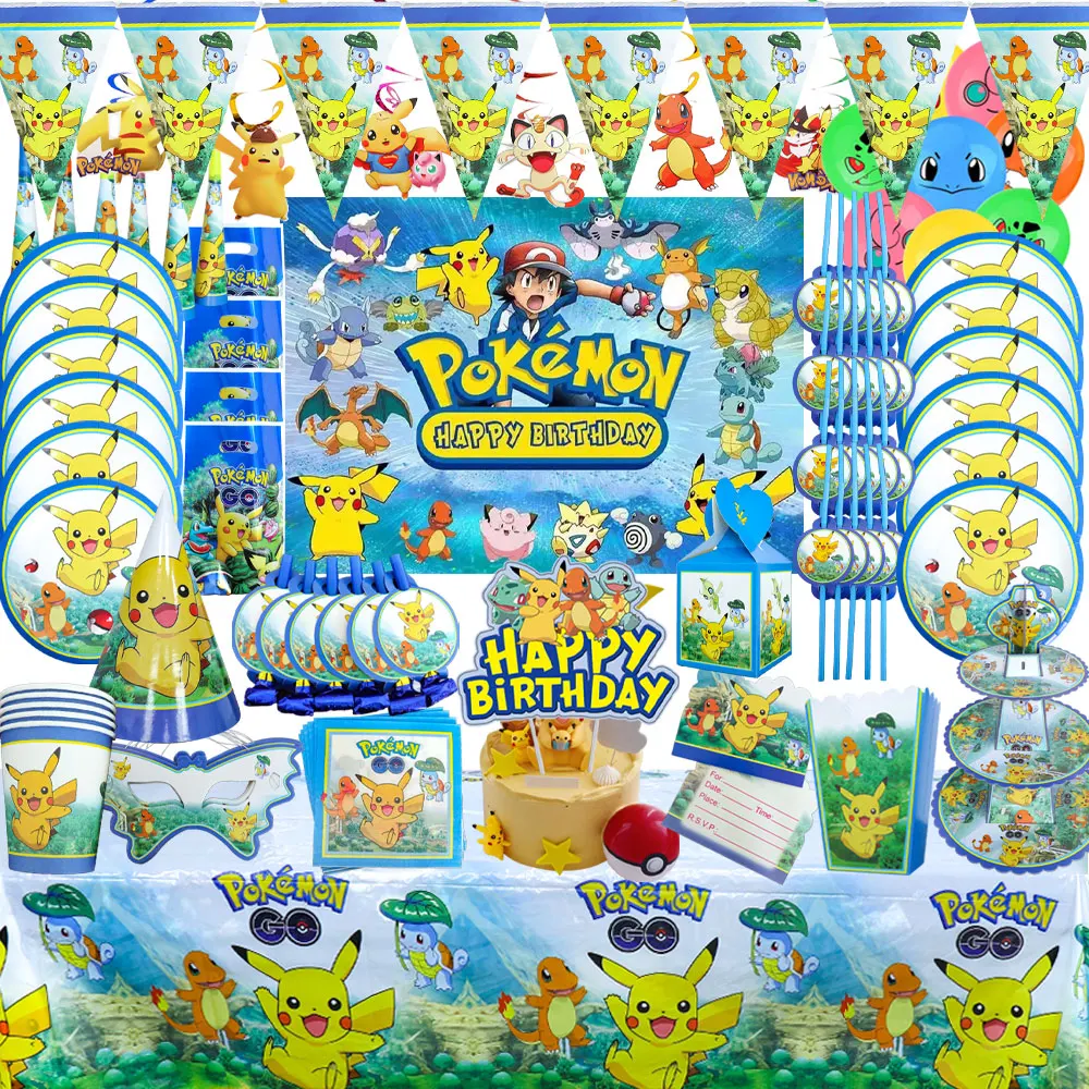 TAKARA TOMY Pikachu Pokemon Birthday Decoration Disposable Cutlery Cup Plate Napkin Tablecloth Bag Baby Shower Party Supplies