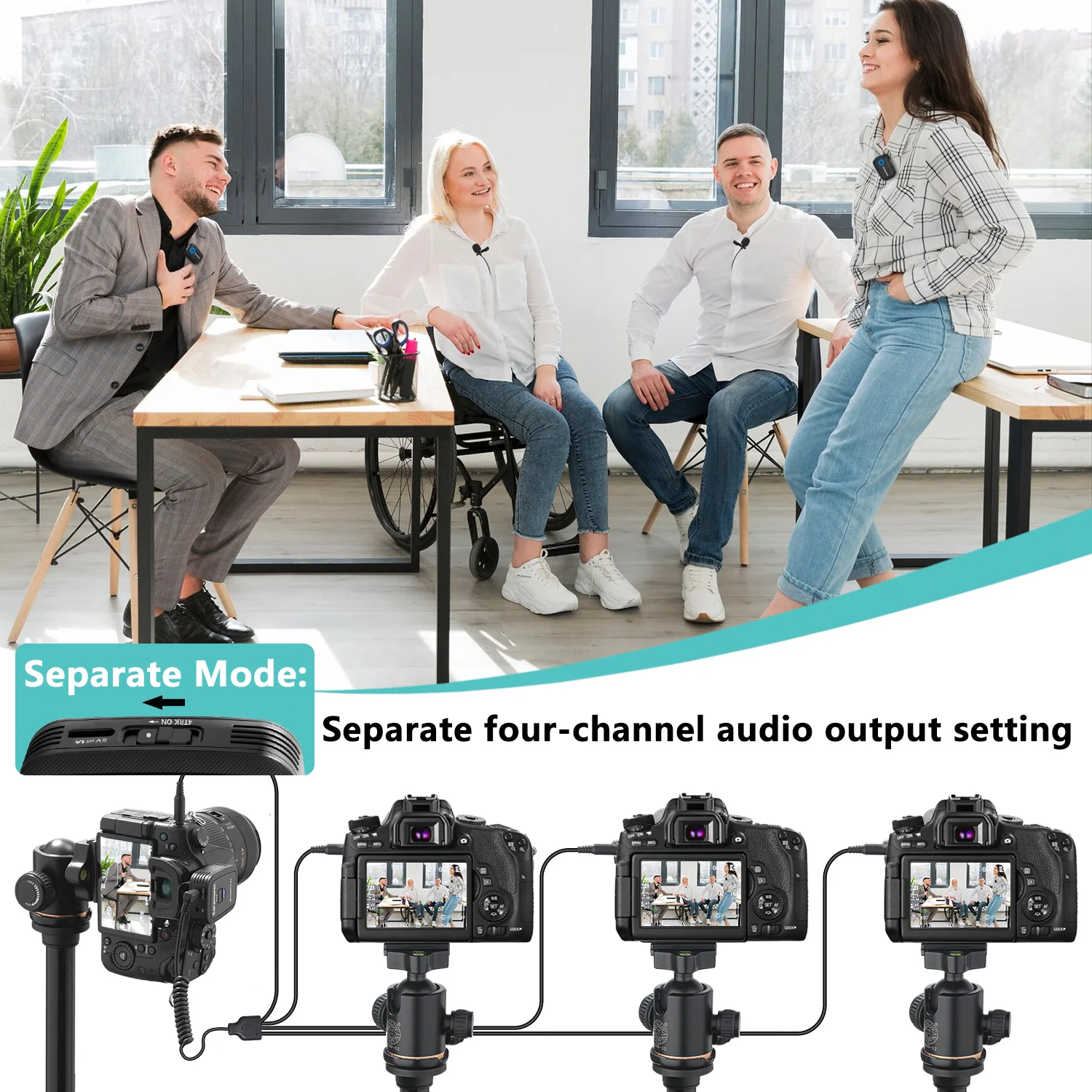 Saramonic 무선 라발리에 라펠 마이크, 아이폰, 안드로이드 DSLR 카메라, 비디오 녹화, 스트리밍 브이로그용, 4 채널, Blink500T4