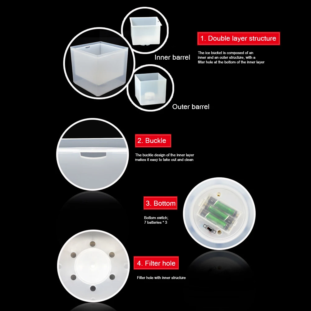 LED Ice Bucket RGB Colorful Cooler Bucket Double Layer Square Ice Tray Bar Nightclub Light Up Champagne Whiskey Beer