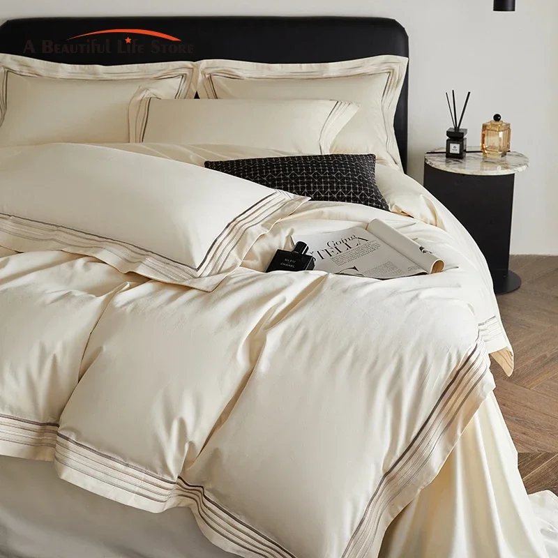 

100% Egyptian Cotton Duvet Cover Set, 400TC Solid Color Comforter Cover Bed Sheet Pillowcases Luxury Embroidery Hotel Bedding