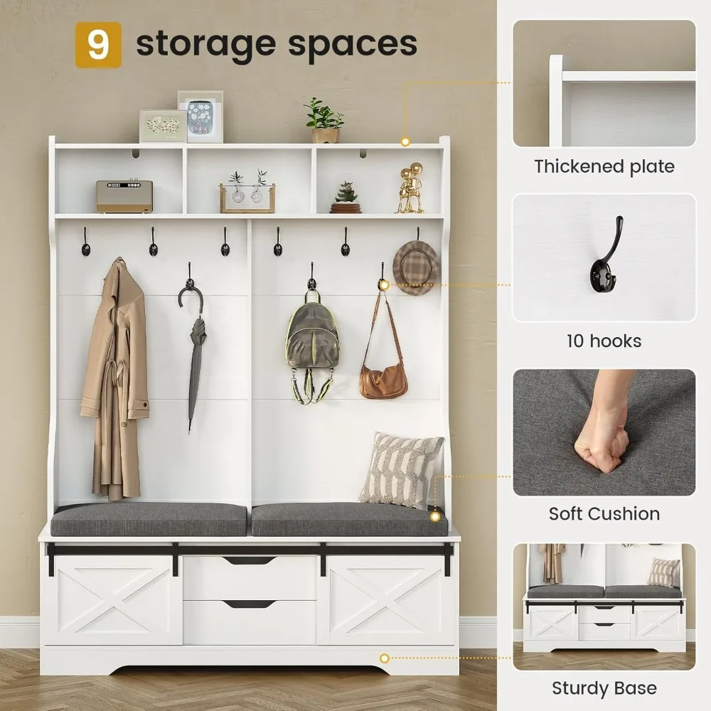 Hall Tree with Bench and Shoe Storage, Entryway Bench with Coat Rack, Modern Farm House Barn Door 3-in-1 Hall Tree, Shoe Rack 4