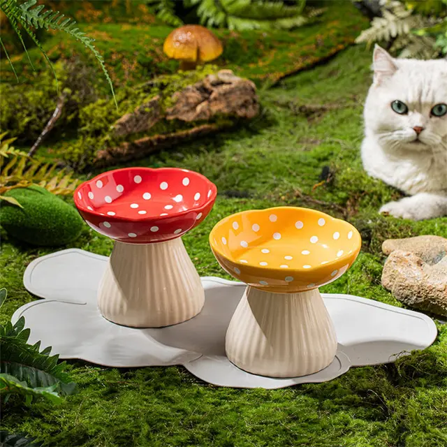 Cute Cartoon Mushroom Ceramic Pet Bowl High Foot Protection for Cervical Spine Feeder  for Puppy Dog Small Cat Pet Accessories 2