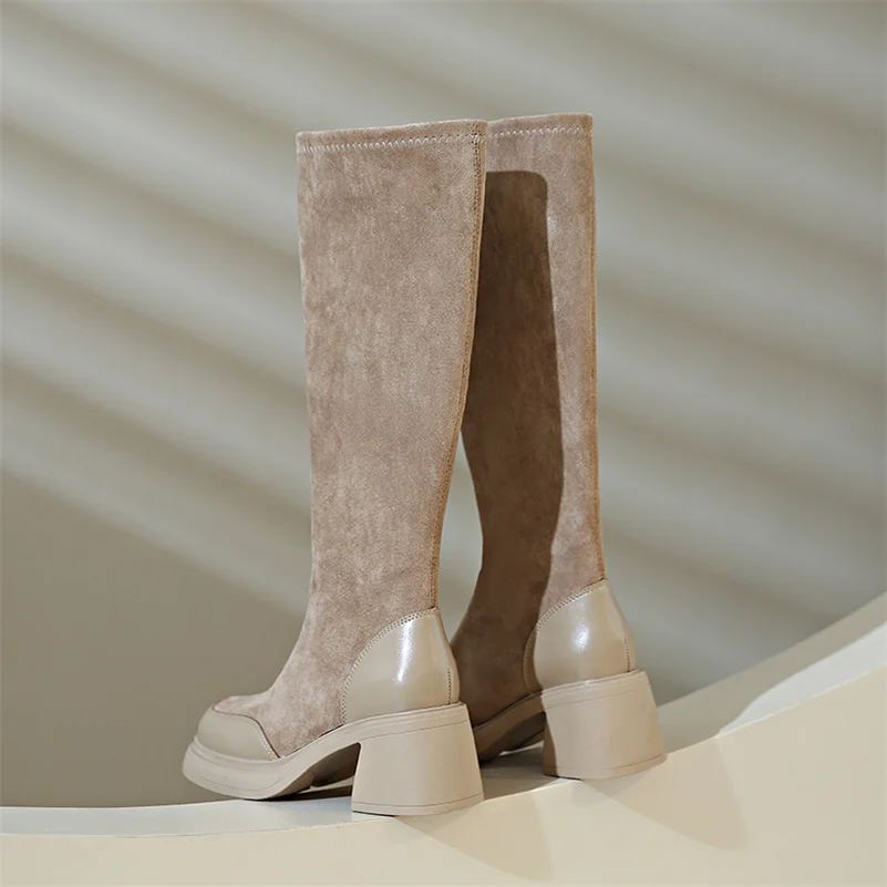 

Женские сапоги до колена на платформе 2,5 см и высоком каблуке 6 см, зимние женские Фетиш-сапоги в стиле пэчворк на среднем каблуке, обувь из флока для девочек и студентов