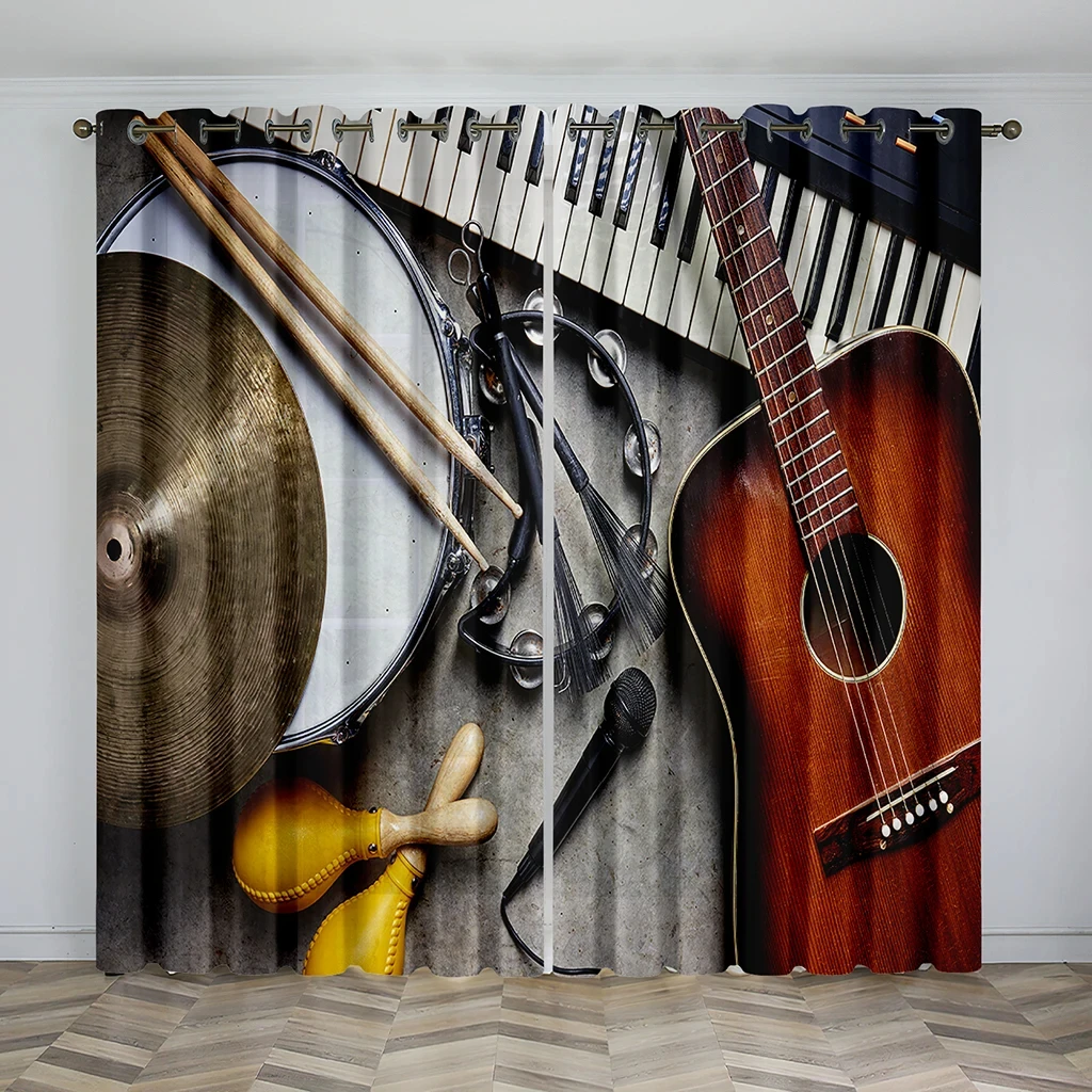 Music Stage Electric Guitar Shelf Drum Instrument Design Sunshade Curtains Living Room Bedroom Home Decoration Thin Curtains 2