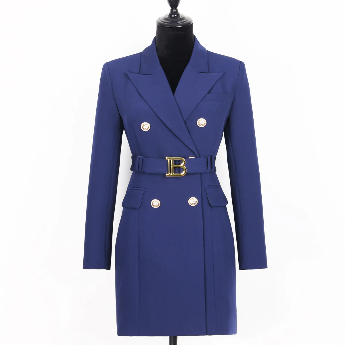 

2022 Spring And Autumn New Fashion Blue Slim Belt Long Sleeve Slim Temperament Commuter Women's Suit Dress