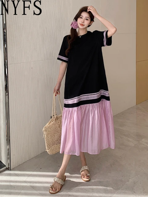 NYFS 2025 Summer Dress Loose plus Size Black Patchwork Pink Hem Long Dresses Robe Elbise Short Sleeve Korean Style Woman Dress 1
