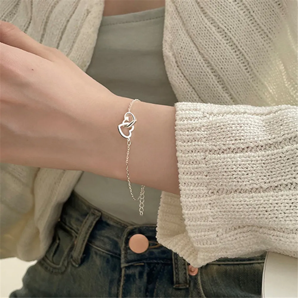 Double Interlocking Small Hearts Bracelet Bangle For Women Fine Fashion Jewelry Wedding Party Gift bracelet jewelry