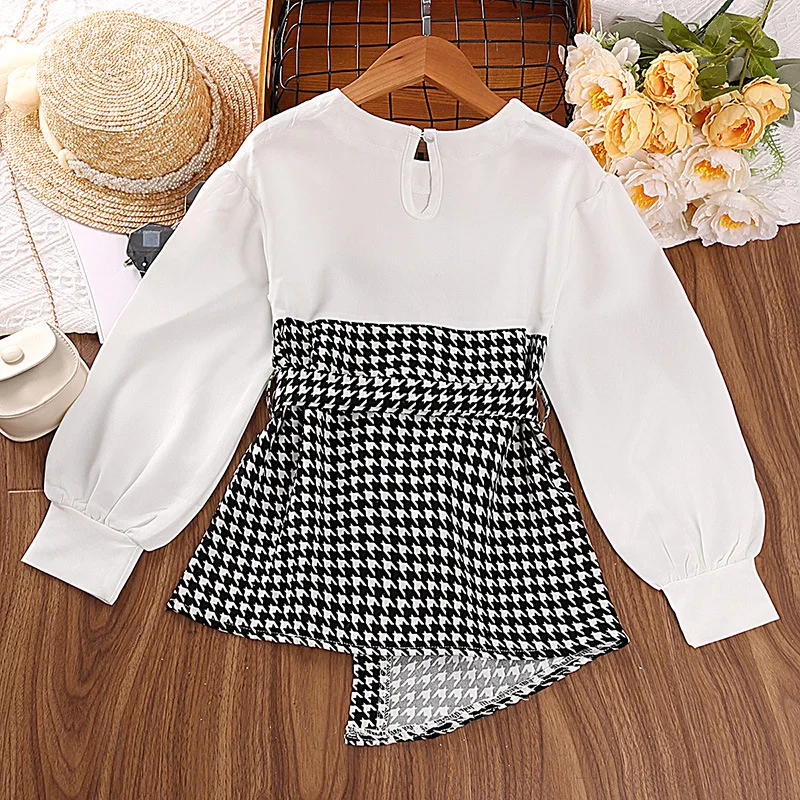 Casual Kids Shirts for Girls Spring Autumn New Child Long Sleeve Houndstooth Patched Irregular Hem Tops with Belt Clothing