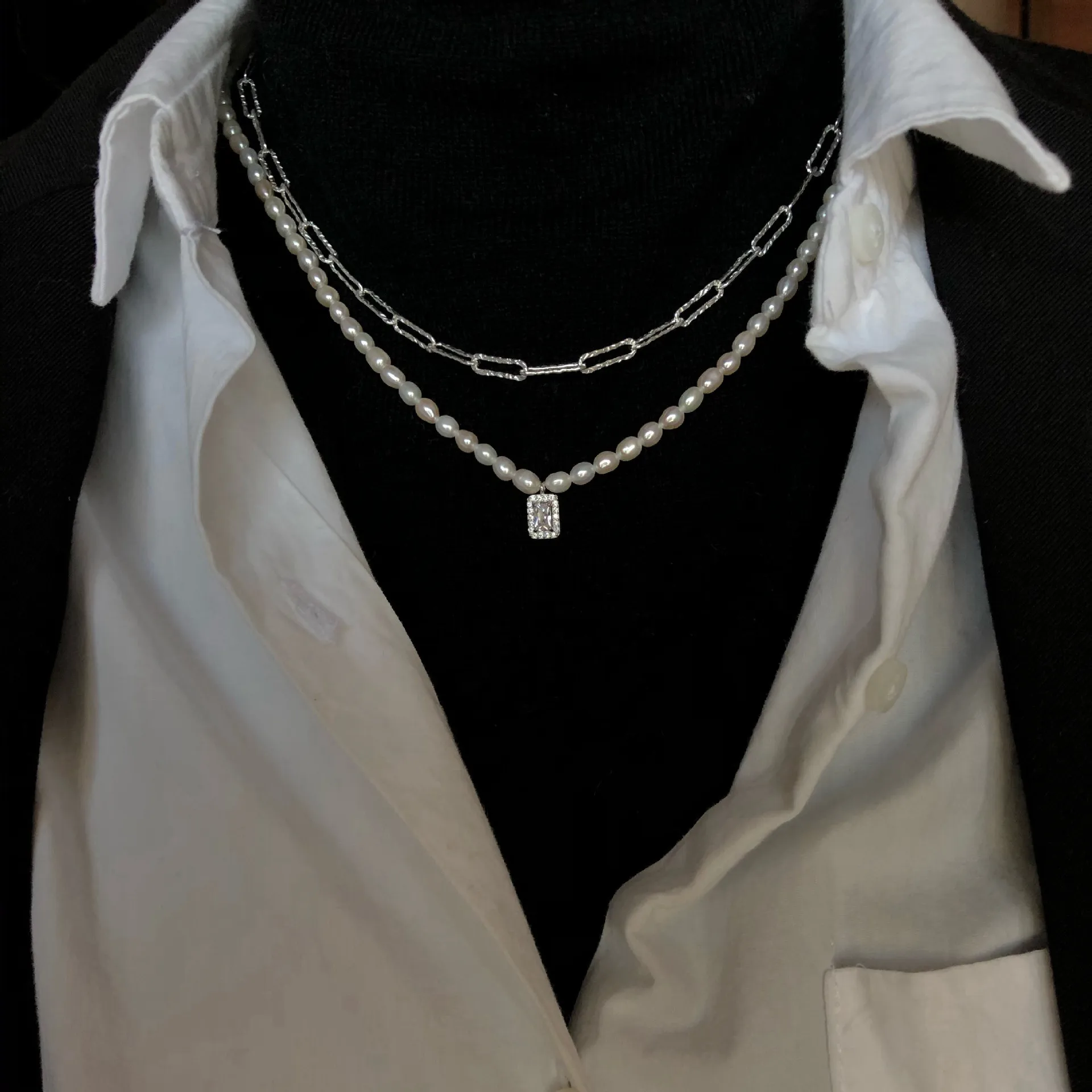 925 Sterling Silver Sparkling Square Necklace Stacked Pearl Pendant Temperament Women Luxury Clavicle Chain Fine Jewelry