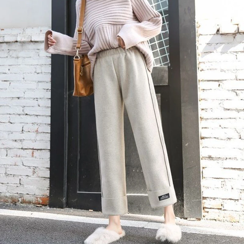 Women'S Casual Woolen Wide Leg Pants Korean Fashion Elastic Waist Baggy Trousers All-Match Large Size Stretch Ankle-Length Pant
