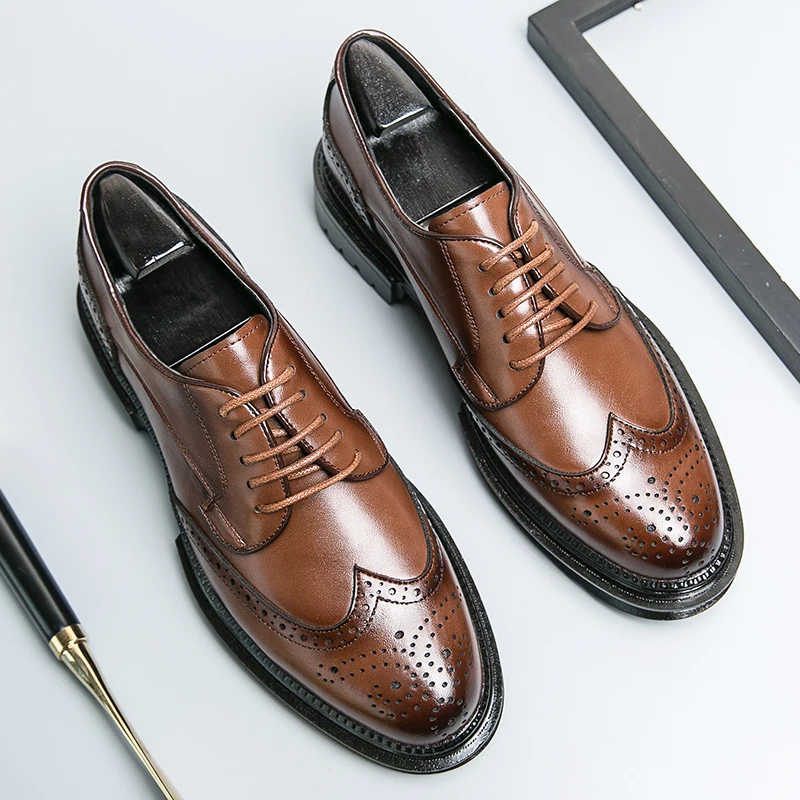 Oxford Shoes Genuine Calfskin Leather Brogue Dress Shoes Classic Business Formal Man Handcrafted Mens