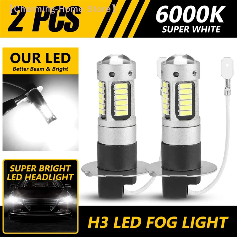【M】2개 자동차 H3 LED 안개등 고출력 램프 주간 주행등 전구 슈퍼 브라이트 6000K 화이트 램프